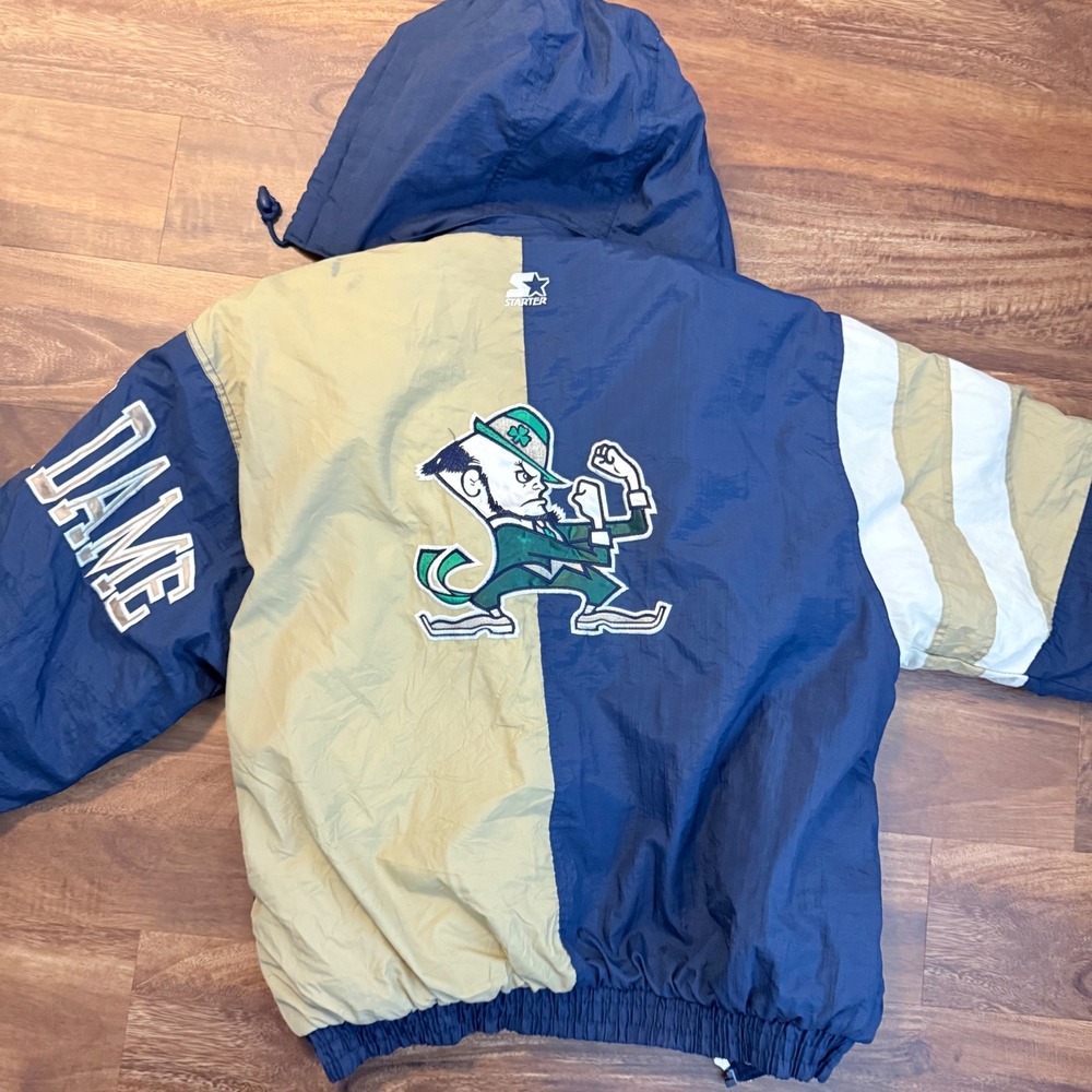 VTG 90s Starter Notre Dame Fighting Irish Puffer Jacket Navy Gold XL - Picture 7 of 10